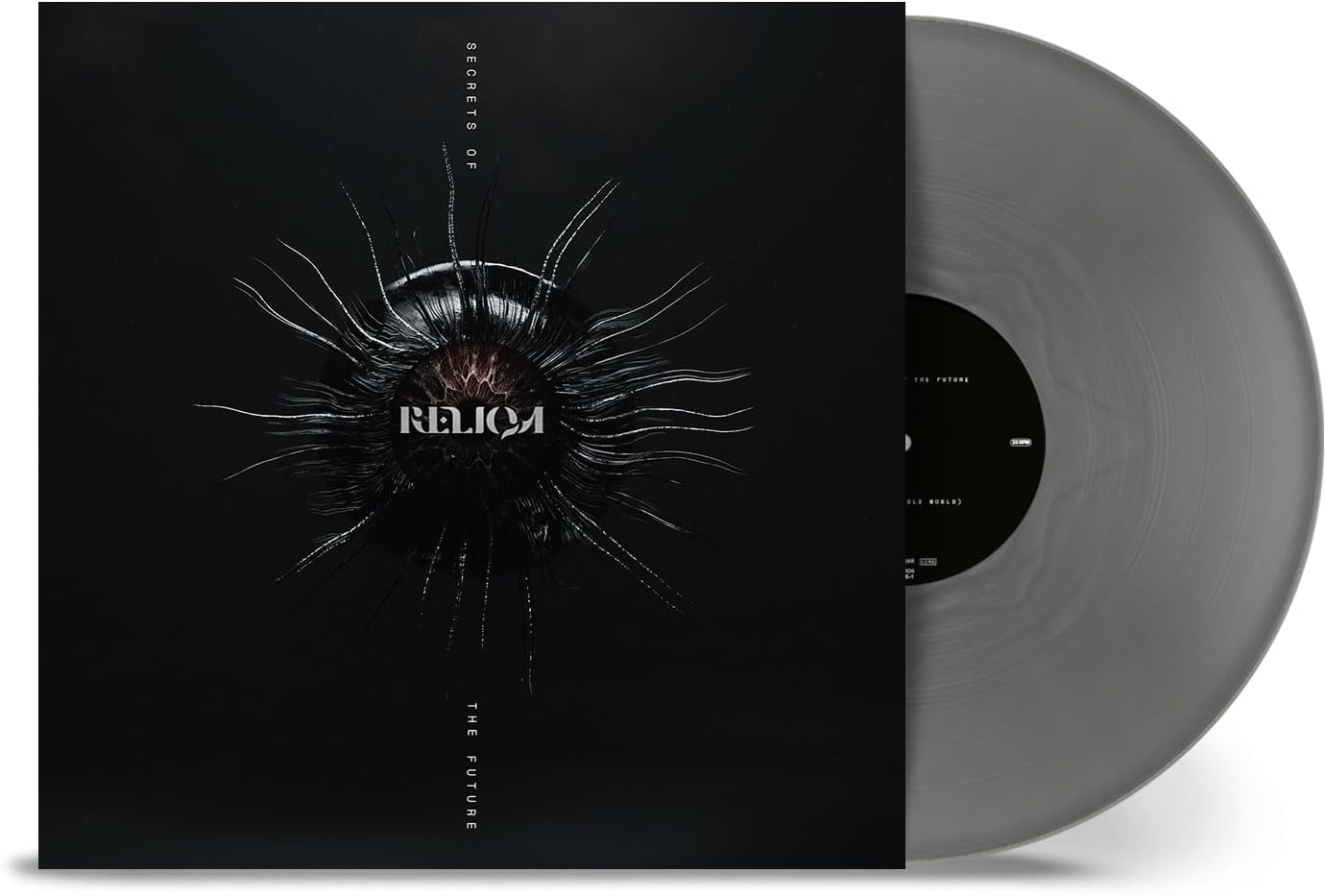 Reliqa vinyl record with dark, abstract cover art and gray disc.