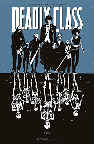 Comic book cover: group of darkly dressed youths standing above skeletons.