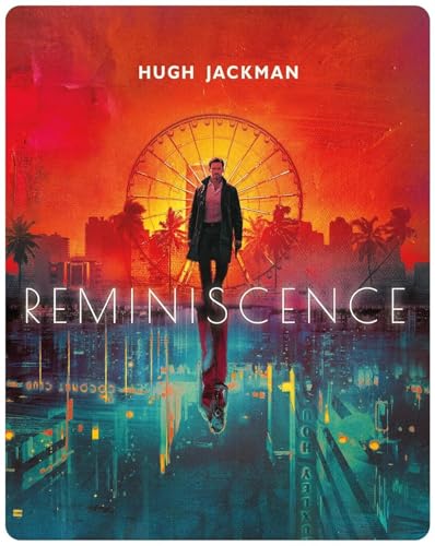 Hugh Jackman stands before a ferris wheel against a vibrant orange and blue sunset.