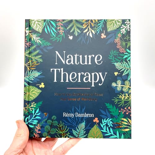 Book cover, “Nature Therapy,” with botanical illustrations and blue background.
