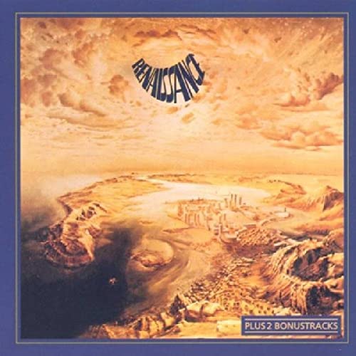 Renaissance album cover: a painted landscape with text and city.