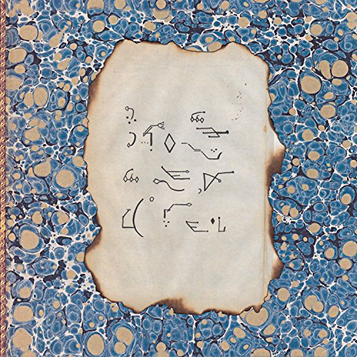 Vinyl record cover with aged paper and abstract blue marbled background.