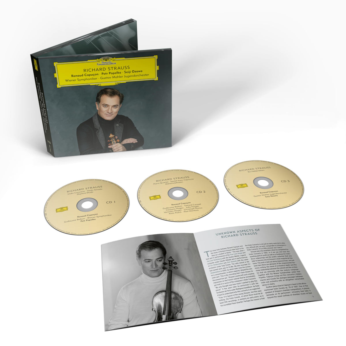 Richard Strauss CD case with three discs, booklet, and conductor portrait.