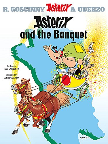 Asterix and Obelix in a chariot pulled by a galloping horse.