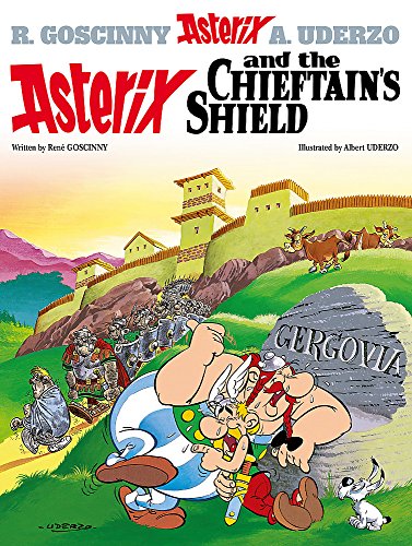 Asterix and Obelix stand before a Roman fort and large stone.