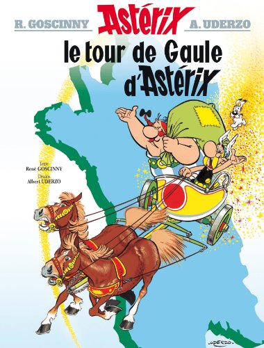 Asterix and Obelix riding a horse-drawn chariot over a map of ancient Gaul.