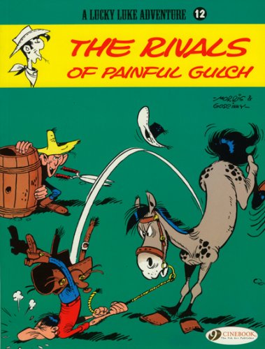 Comic book cover: Lucky Luke with cowboys and a horse in action.