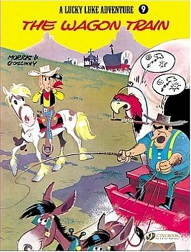 Comic book cover featuring cowboy Lucky Luke on horseback with a wagon train.