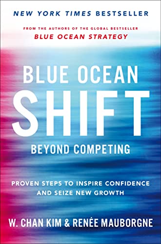 Book cover for "Blue Ocean Shift" with blue and red wave background.