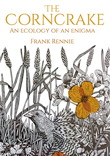 Book cover featuring a black and white illustration of a corncrake among wildflowers.