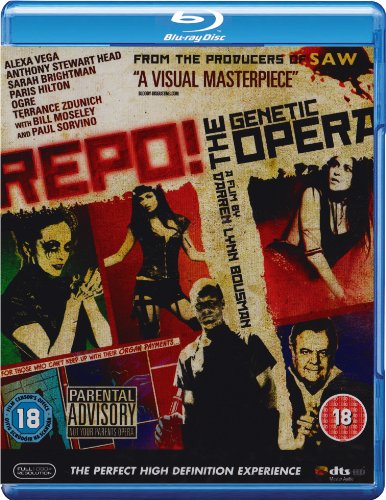 Blu-ray cover for Repo! A Genetic Opera featuring cast members and an 18 rating.