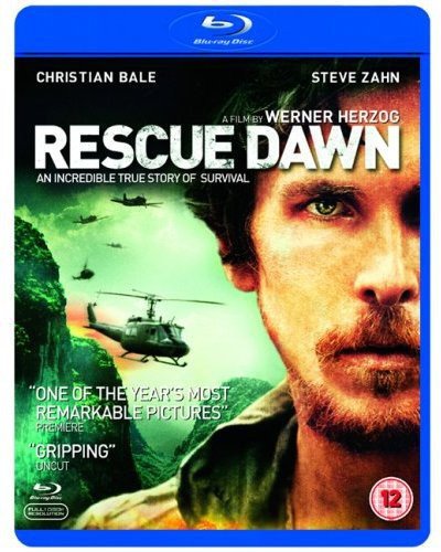 Blu-ray cover for Rescue Dawn featuring Christian Bale, a helicopter, and jungle scenery.