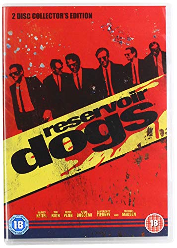 Reservoir Dogs" DVD cover featuring six suited figures and red splashes.