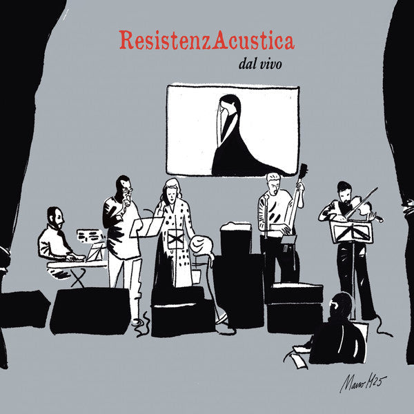 Black and white illustration of a band performing live on stage.