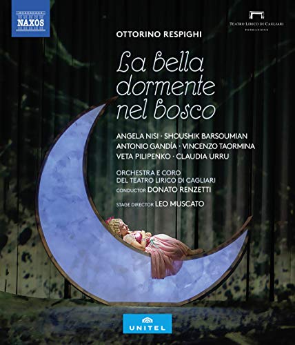 "Woman in pink dress sleeps on a crescent moon in a forest."