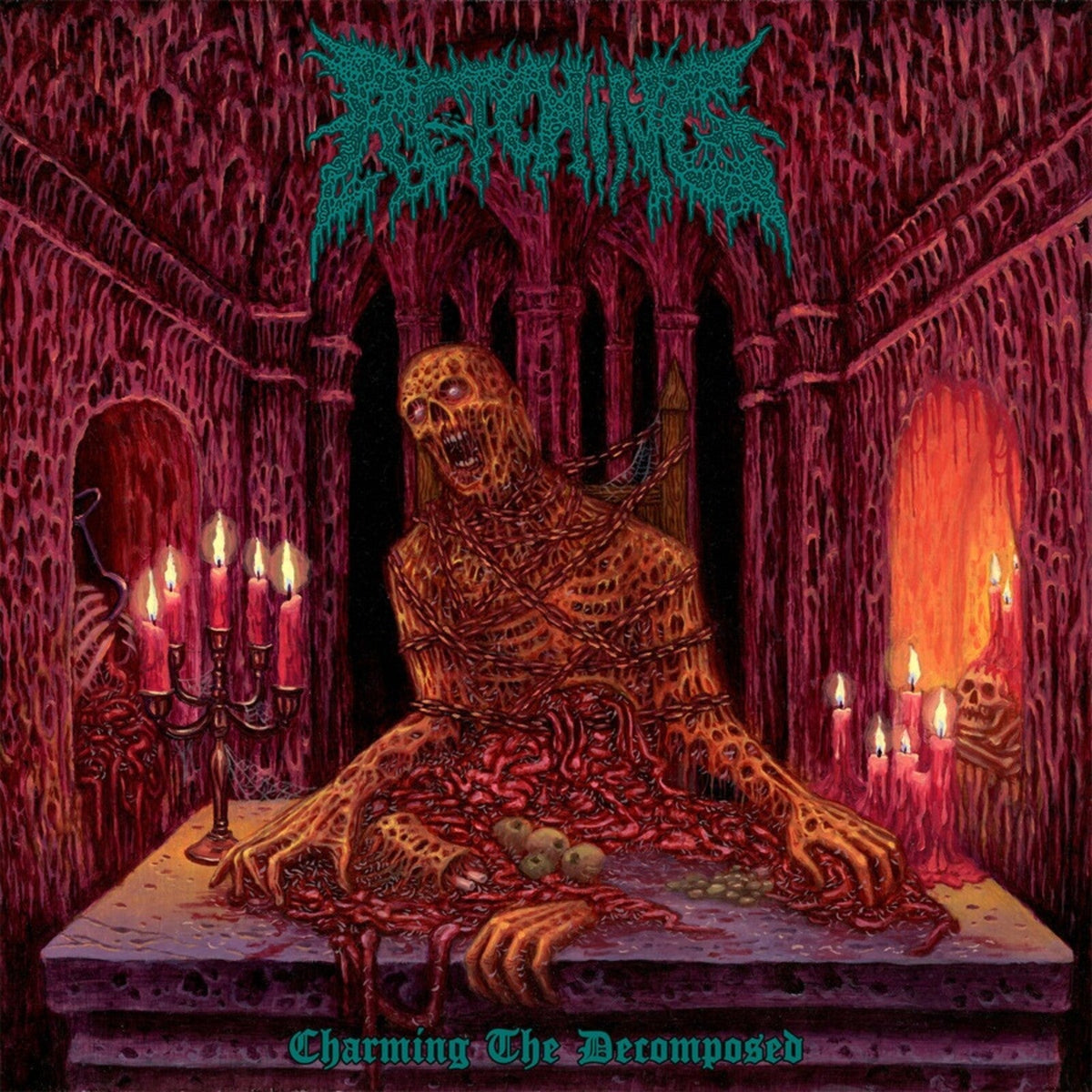 Horror album cover depicting a decaying figure in a gothic chamber.