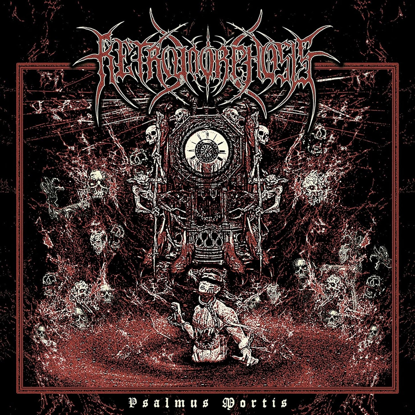 Dark album cover with skeletal figures surrounding a clock and ornate throne.