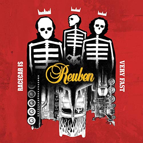 Red album cover with skeletons, a car, and the band name "Reuben".