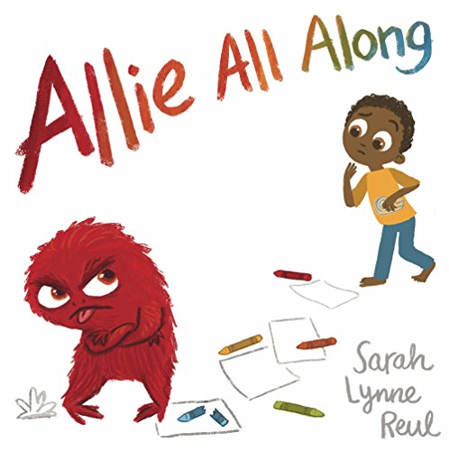 Book cover with a child, a red monster, and scattered crayons.