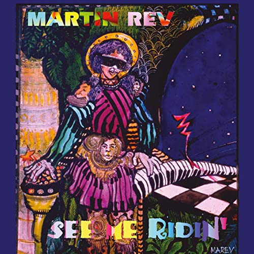 "Album cover art: man with halo and animals, colorful, fantastical illustration."
