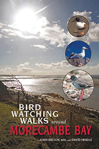 Book cover: "Birdwatching Walks Around Morecambe Bay" with coastal scene and birds.