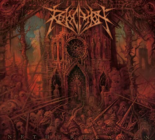 Dark, red-toned album art featuring a gothic cathedral surrounded by a horde of demons.
