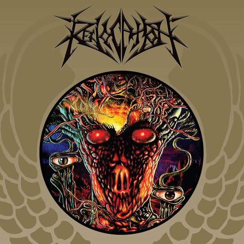 Revocation album cover: distorted face with eyes, fiery colors, and dark art.