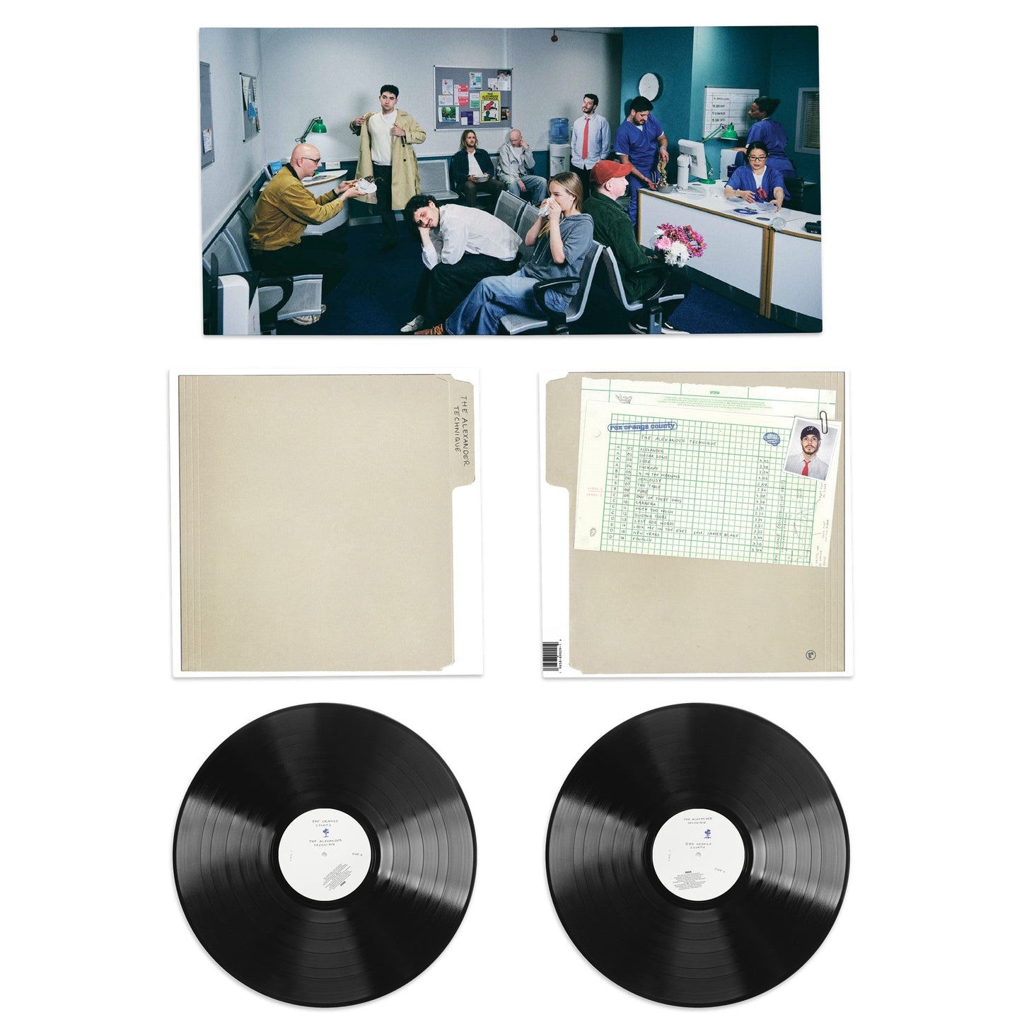 Rex Orange County vinyl set showing office scene, file folder cover, and two records.