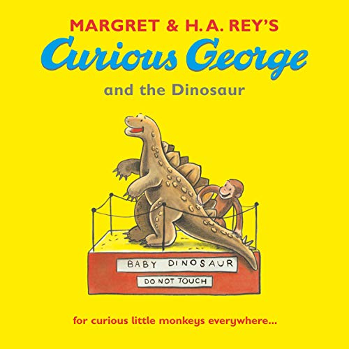 Curious George and a small dinosaur behind a fenced enclosure.