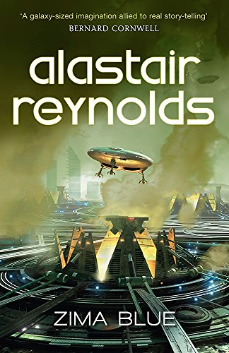 Book cover for Zima Blue by Alastair Reynolds showing a futuristic city and spaceship.