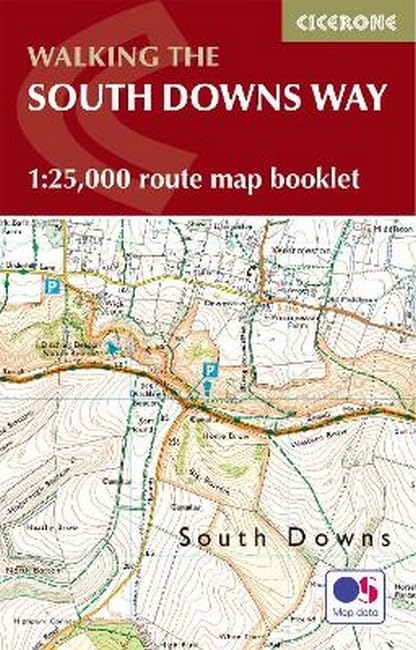 Red booklet cover displaying a detailed topographic map of the South Downs.