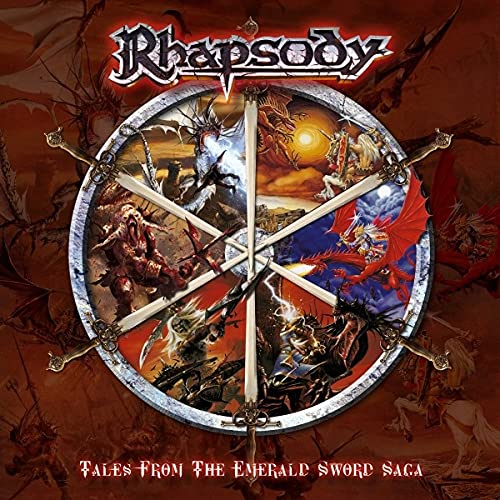 Rhapsody album cover: fantasy art with swords, dragons, and warriors.