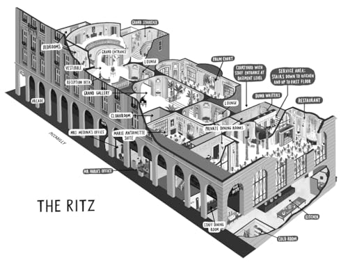 Black and white isometric floor plan illustration of The Ritz hotel with labeled rooms.
