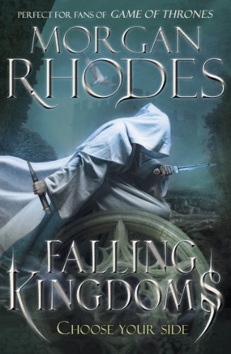 A hooded figure in white robes holds two daggers over a stone circular window.