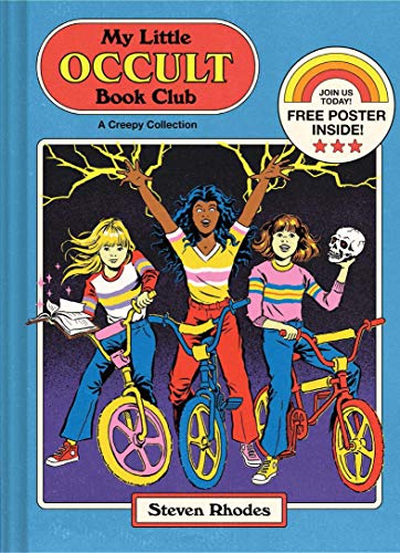 Three girls on bicycles, one holding a skull and another an open book.