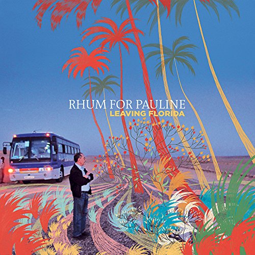 A man stands before a bus with colorful, stylized palm tree illustrations overlaid.