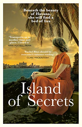 Book cover: woman in orange dress, Havana skyline, palm tree.