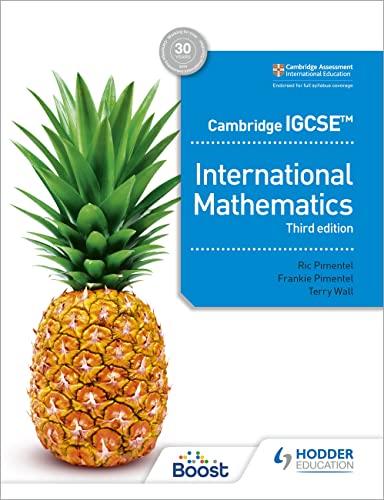 Textbook cover: "Cambridge IGCSE International Mathematics, Third edition" with pineapple.