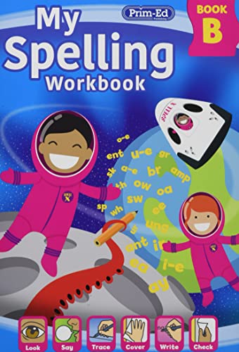 Cover of My Spelling Workbook Book B featuring two astronauts in space with letters.