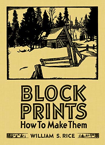 Book cover with a woodcut-style landscape and bold title: "Block Prints".