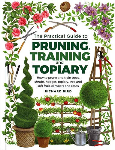 Book cover titled Practical Guide to Pruning, Training and Topiary with botanical and tool illustrations.