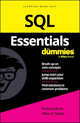 Book cover: "SQL Essentials For Dummies" with a cartoon head.