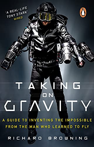 Man in jet suit on book cover, "Taking on Gravity".