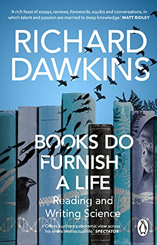 Book cover: “Books Do Furnish a Life” by Richard Dawkins, with birds and bookshelves.