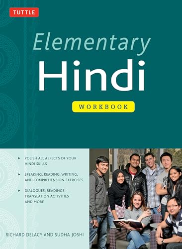 Blue "Elementary Hindi Workbook" cover with group photo and text details.