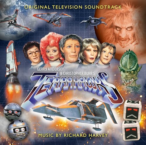 Terrahawks" CD cover featuring characters, spaceships, and a reptilian villain.