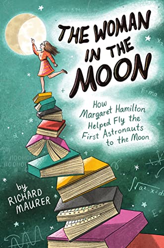 Book cover: girl climbing books toward a bright moon.