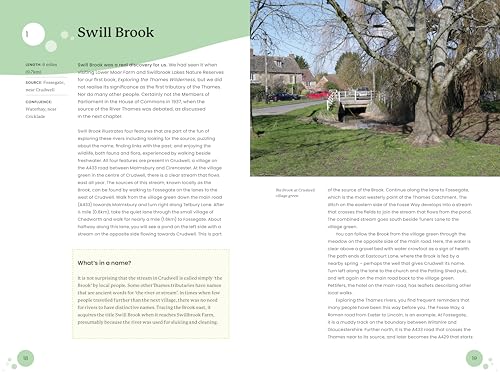 Open book page showing a riverside walk with a stone bridge and trees.