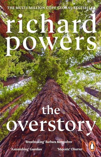 Book cover of The Overstory by Richard Powers, featuring a low-angle view of redwood trees.