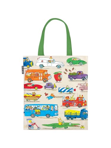 Tote bag with colorful illustrated vehicles from Richard Scarry books.